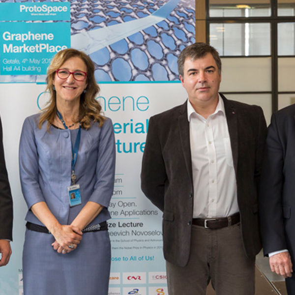 From left: Denis Descheemaeker (Airbus Emerging Technologies), Silvia Lazcano (Airbus Business Development and Partnership) ), Nobel Laureate Professor Konstantin Novoselov, Rafael G. Ripoll (Head of Airbus Commercial Aircraft in Spain). Copyright Airbus by Pablo Cabello.