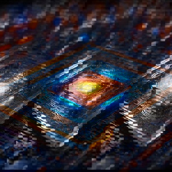 Photonic integrated chip in blue and orange colour scheme.