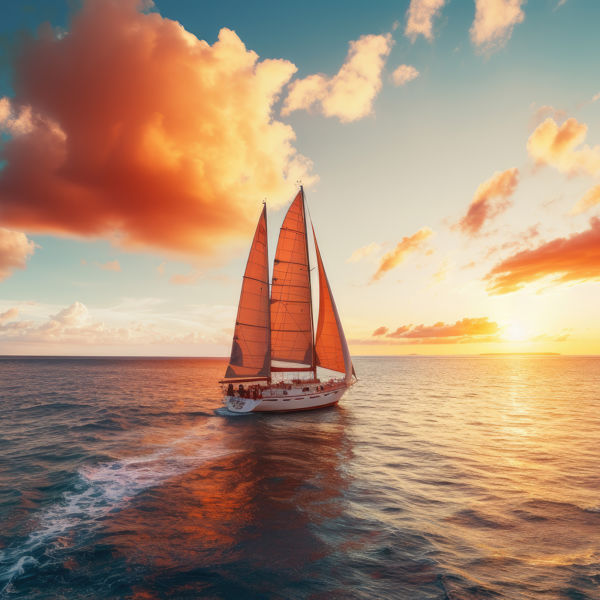 sailboat sailing into the horizon at sunrise