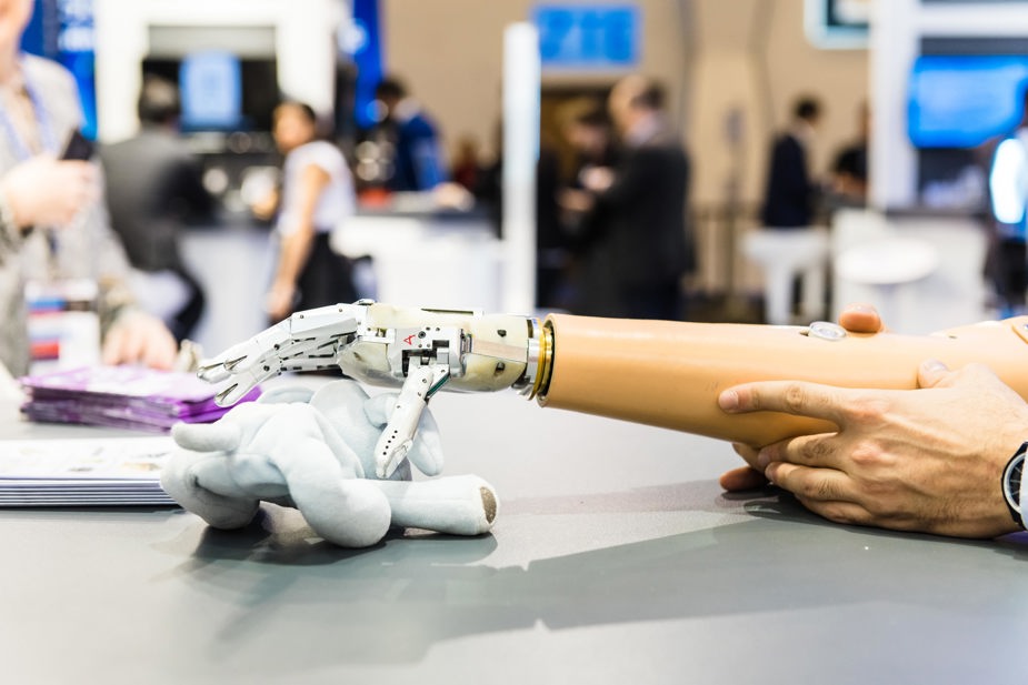 Prototype prosthetic arm at the Graphene Pavilion at Mobile World Congress 2018